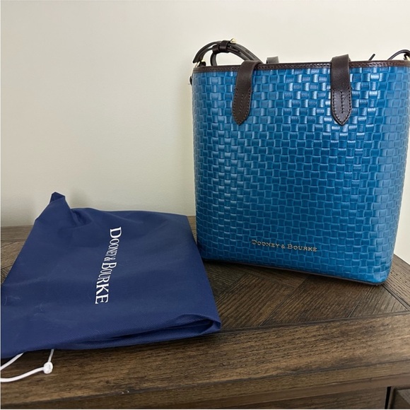 Dooney & Bourke Bright Blue Woven Leather Bucket Bag with Brown Trim - Picture 7 of 13